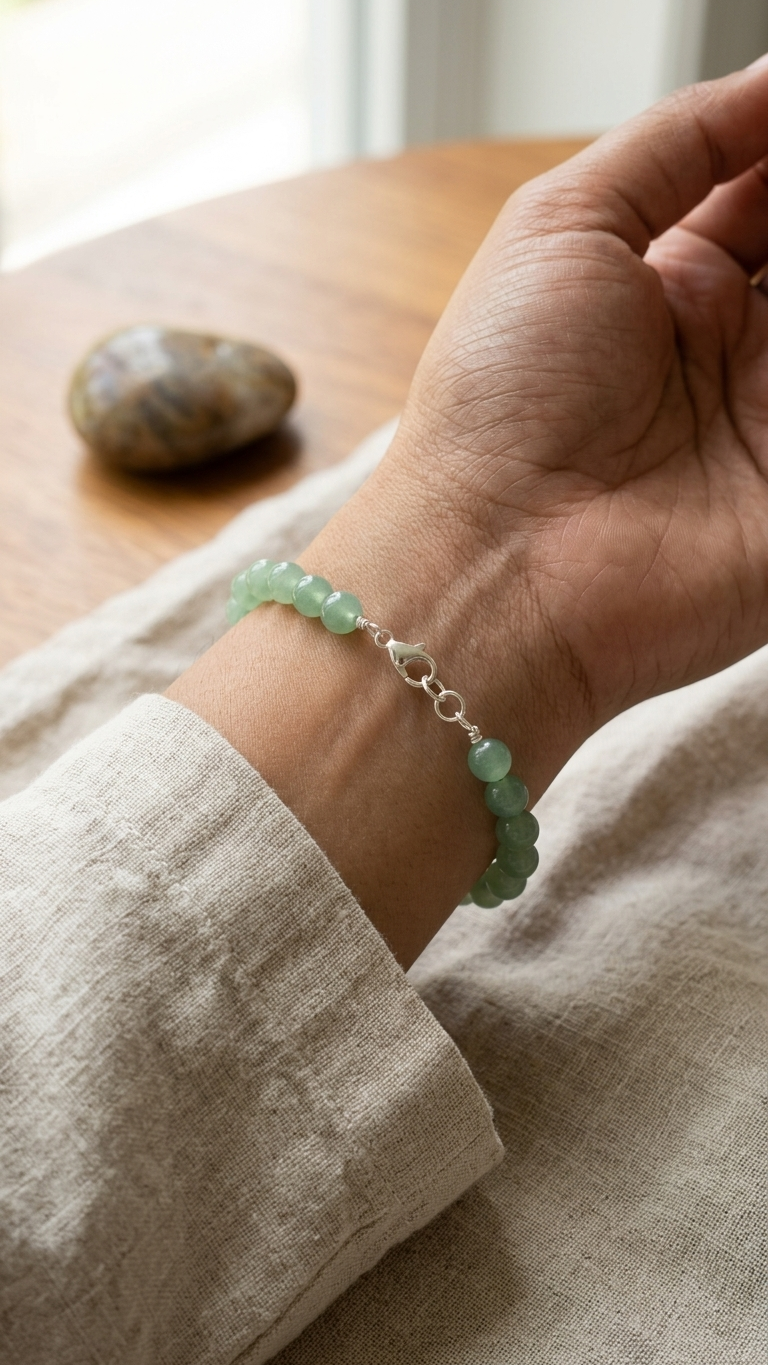 Green Aventurine Round Bead Bracelet With Silver Lock With Adjustable Lock