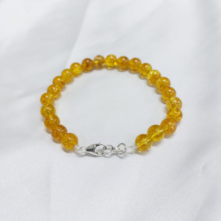 Yellow Citrine Round Bead Bracelet With Silver Wire And Silver Lock With Adjustable Lock