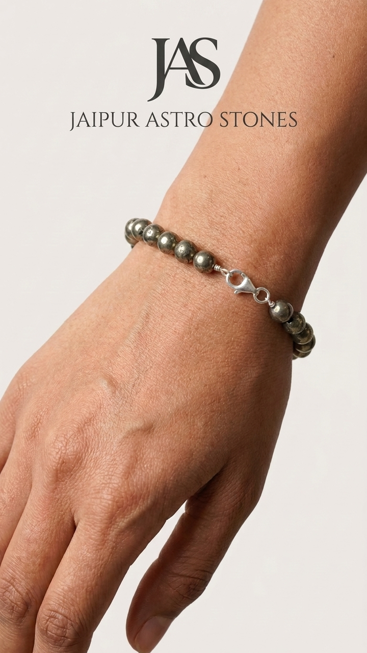 Pyrite Round Bead Bracelet With Silver Lock With Adjustable Lock