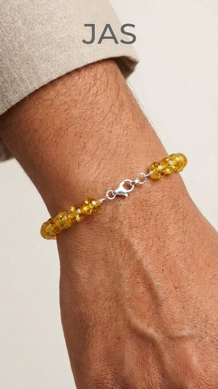 Yellow Citrine Round Bead Bracelet – Premium Silver Lock & Adjustable Design