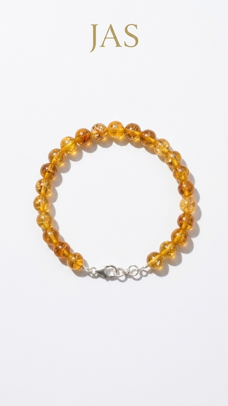 Yellow Citrine Round Bead Bracelet – Premium Silver Lock & Adjustable Design