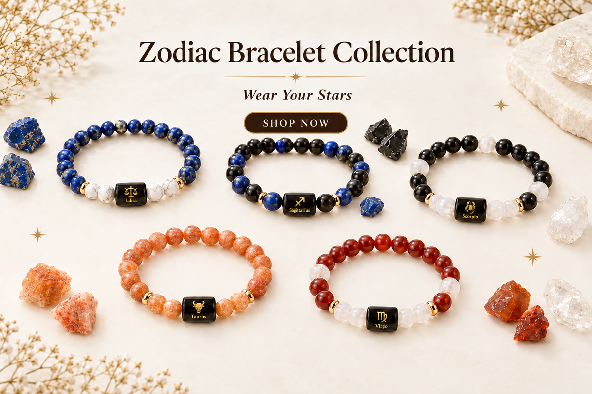 Desktop zodiac bracelet banner with Shop Now button