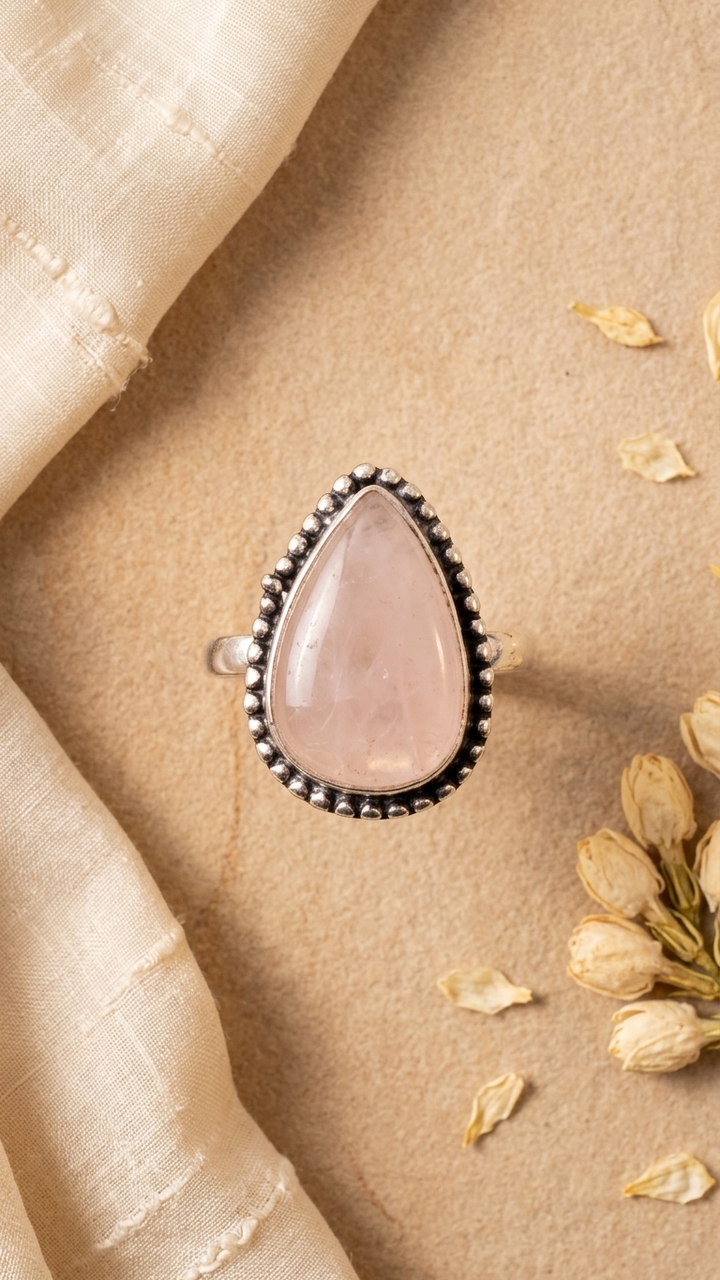 NATURAL ROSE QUARTZ  PEAR SHAPE  RING Gemstone