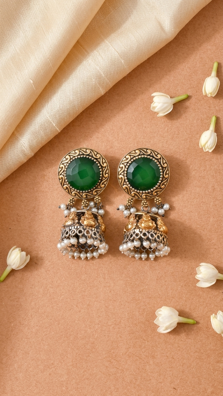 Green Stone Dandiya Jhumka Earrings