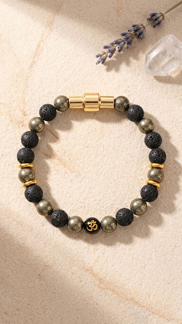 Pyrite & Lava  OM Bracelet With Magnetic Lock