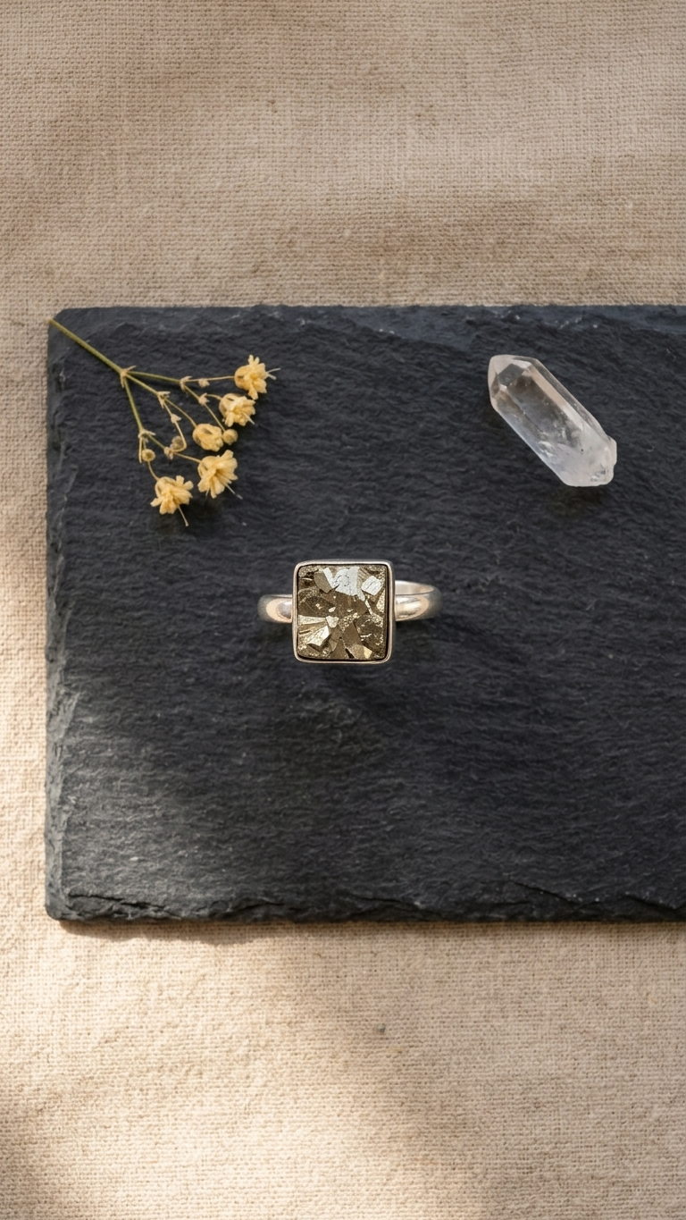 NATURAL PYRITE RAW RING square
