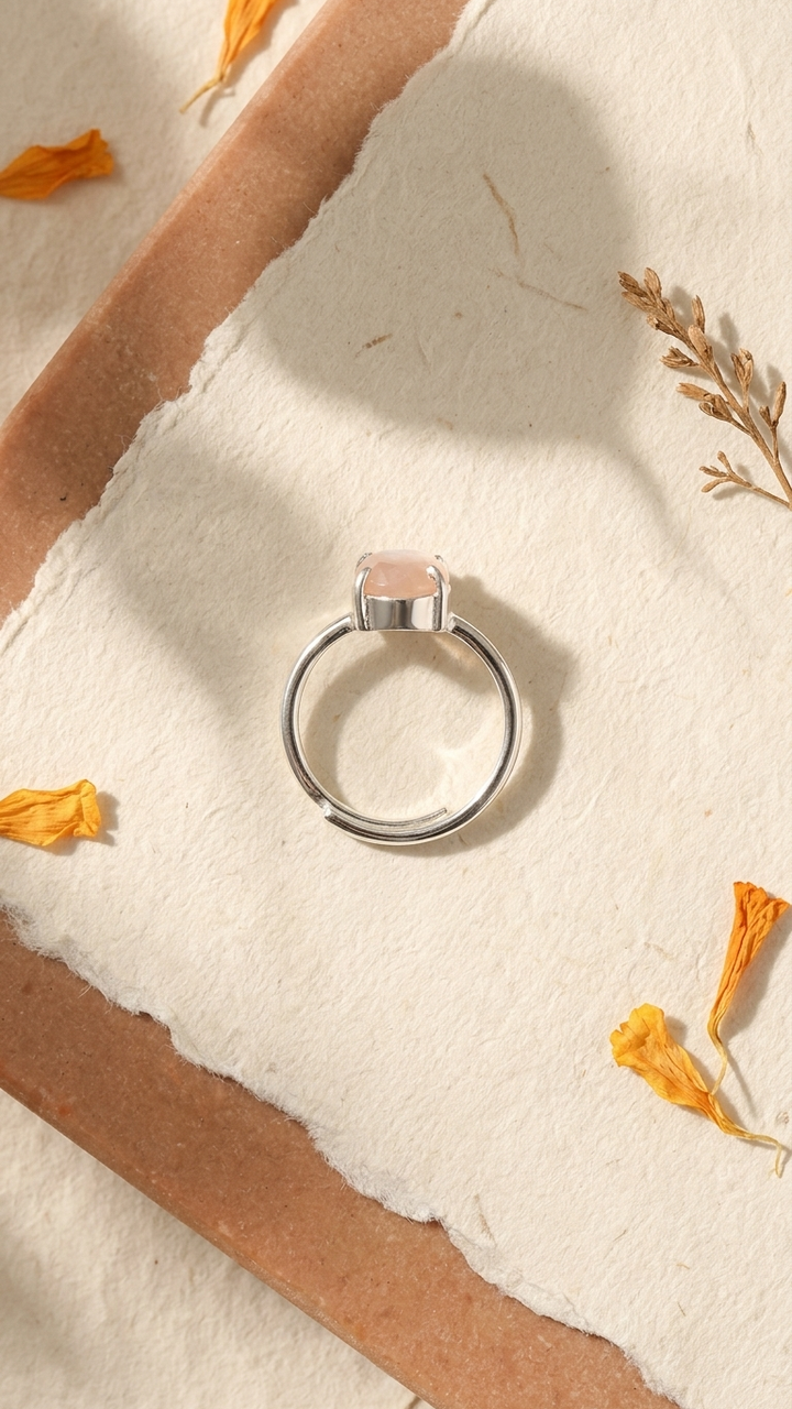 Beautiful AAA+ Quality Natural Facited Rose quartz Adjustable Ring In  Silver Plated (With Certificate))