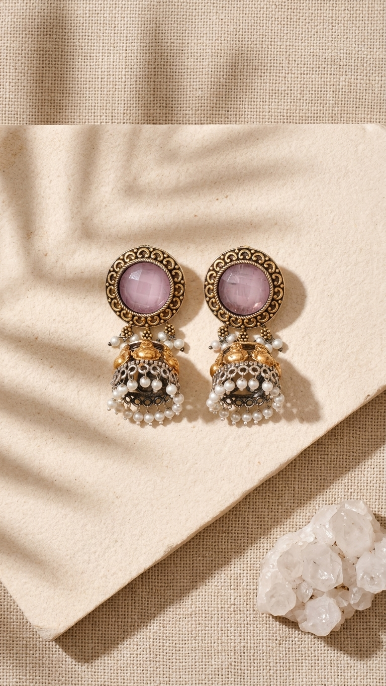 Pink Jhumka Dandiya White Metal Earrings