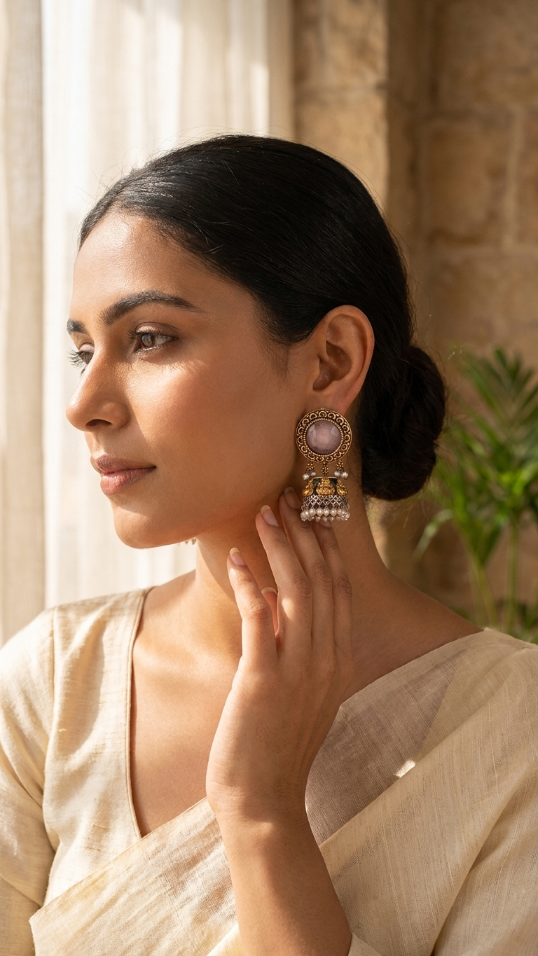 Pink Jhumka Dandiya White Metal Earrings