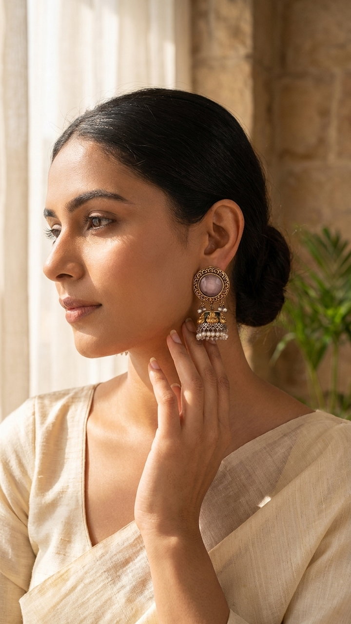 Pink Jhumka Dandiya White Metal Earrings