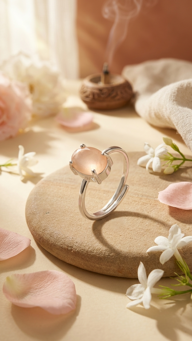 Beautiful AAA+ Quality Natural Facited Rose quartz Adjustable Ring In  Silver Plated (With Certificate))