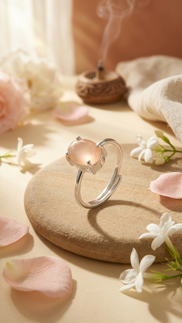 Beautiful AAA+ Quality Natural Facited Rose quartz Adjustable Ring In  Silver Plated (With Certificate))