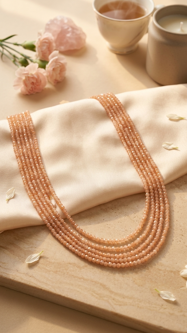Natural Peach Moonstone Beaded Necklace (With Certificate)