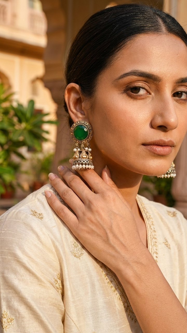 Green Stone Dandiya Jhumka Earrings