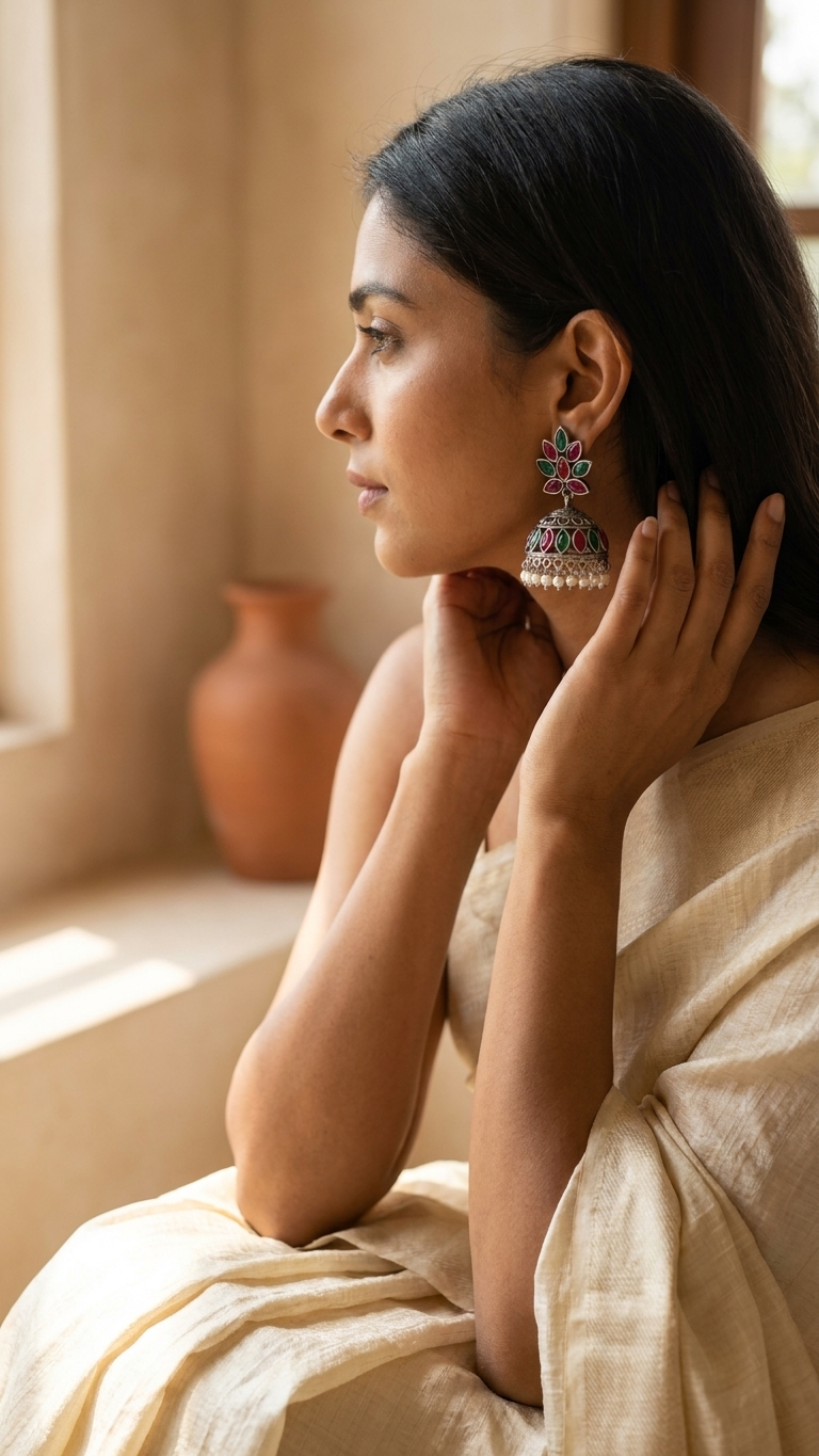 Rangili Jhumka Dandiya White Metal Earrings
