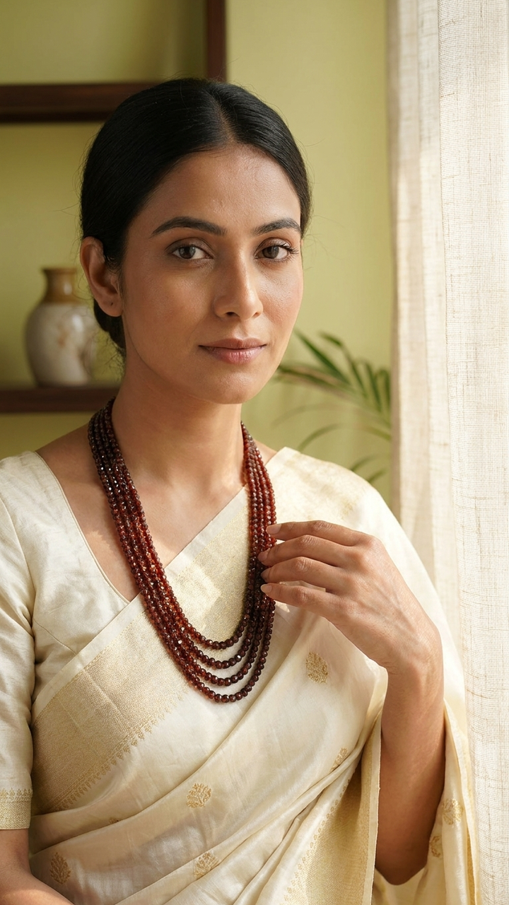 Natural Hessonite Garnet (Gomed) Beaded Necklace (With Certificate)