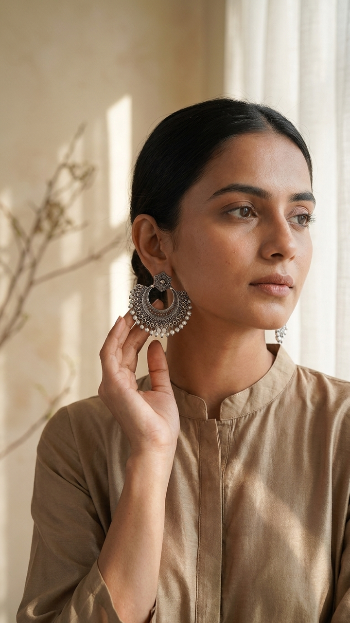 Pearl Crescent Dandiya Hoop Earrings