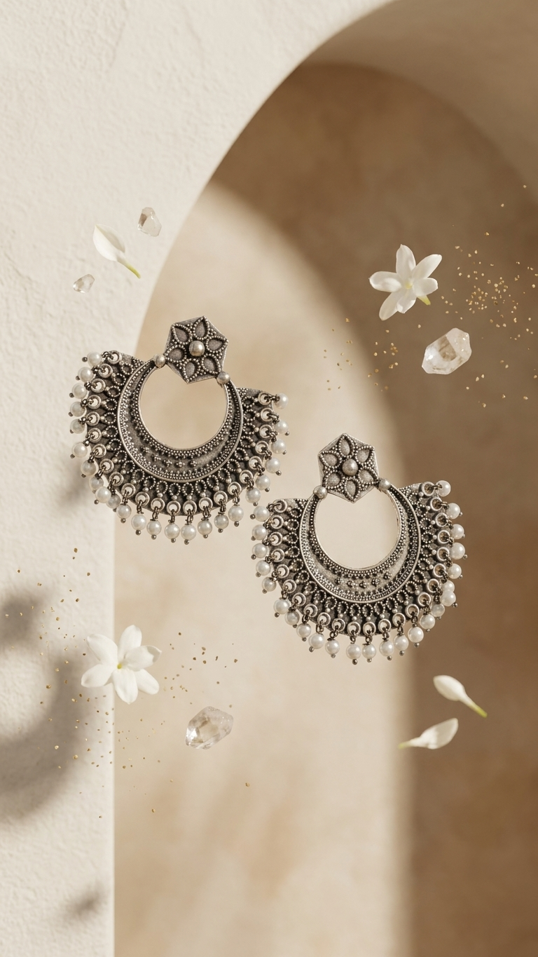 Pearl Crescent Dandiya Hoop Earrings