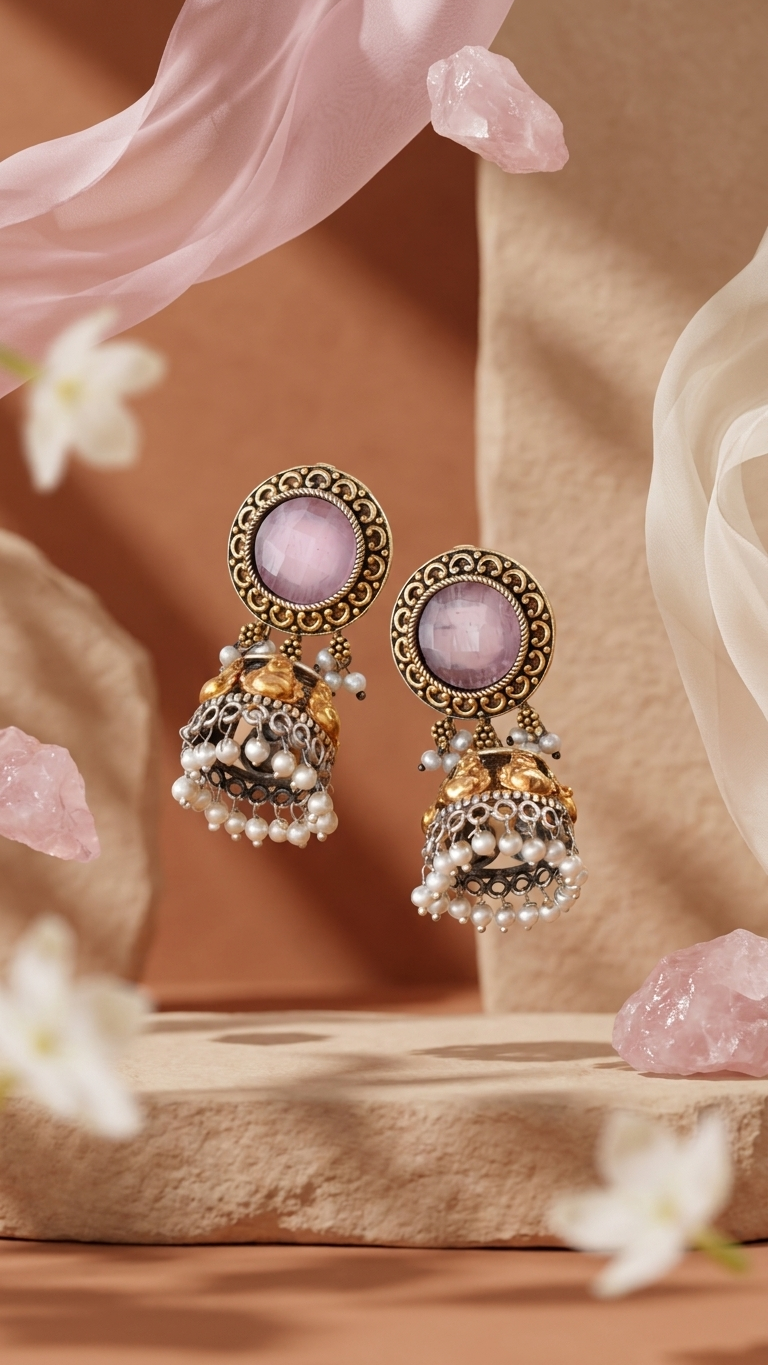 Pink Jhumka Dandiya White Metal Earrings