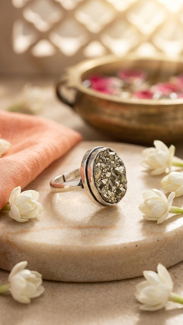 Natural  Pyrite Oval Ring