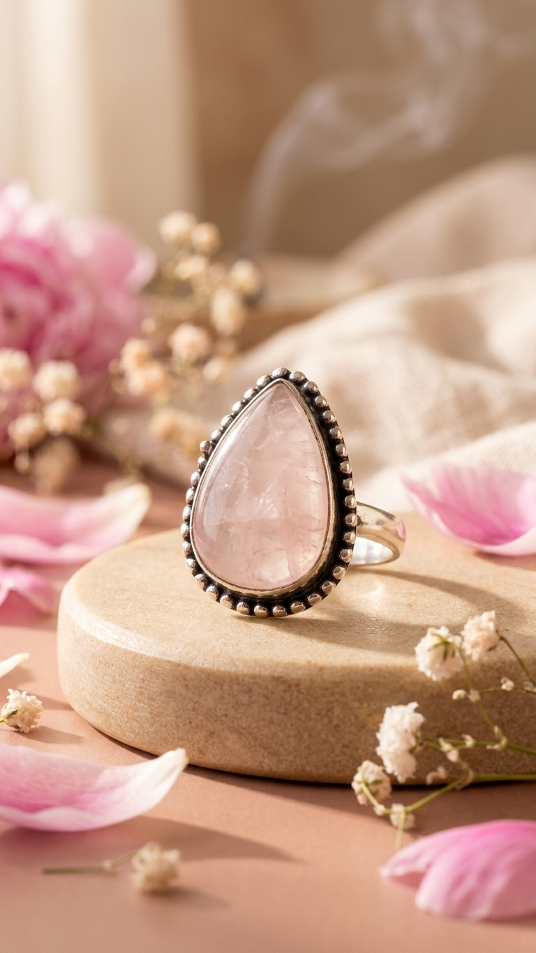 NATURAL ROSE QUARTZ  PEAR SHAPE  RING Gemstone
