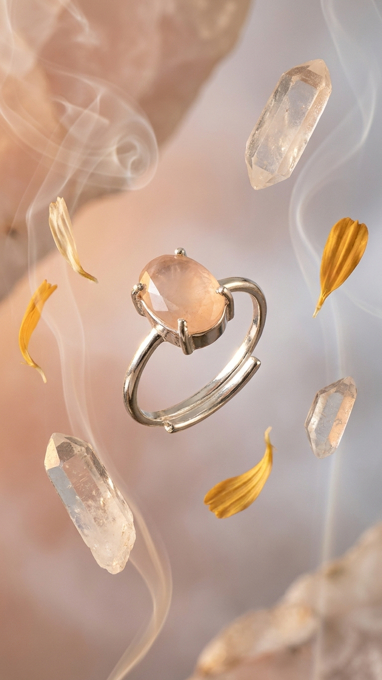 Beautiful AAA+ Quality Natural Facited Rose quartz Adjustable Ring In  Silver Plated (With Certificate))