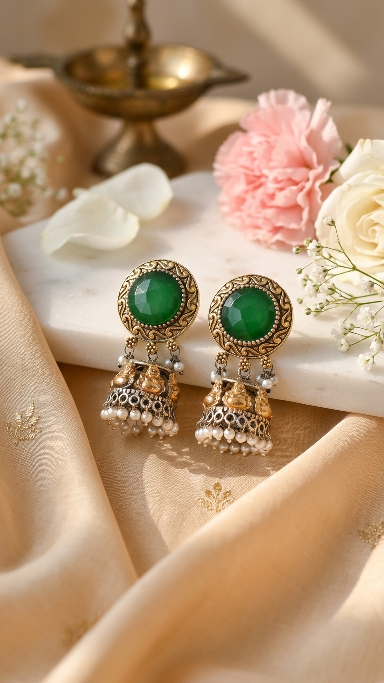Green Stone Dandiya Jhumka Earrings