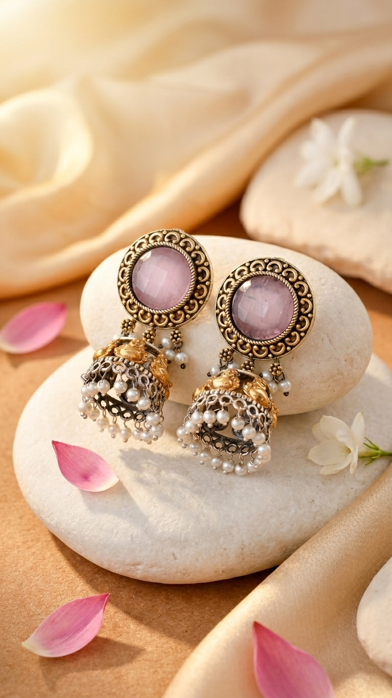 Pink Jhumka Dandiya White Metal Earrings