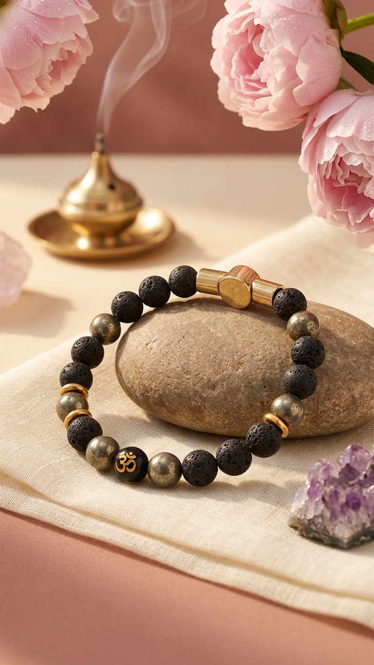 Pyrite & Lava  OM Bracelet With Magnetic Lock