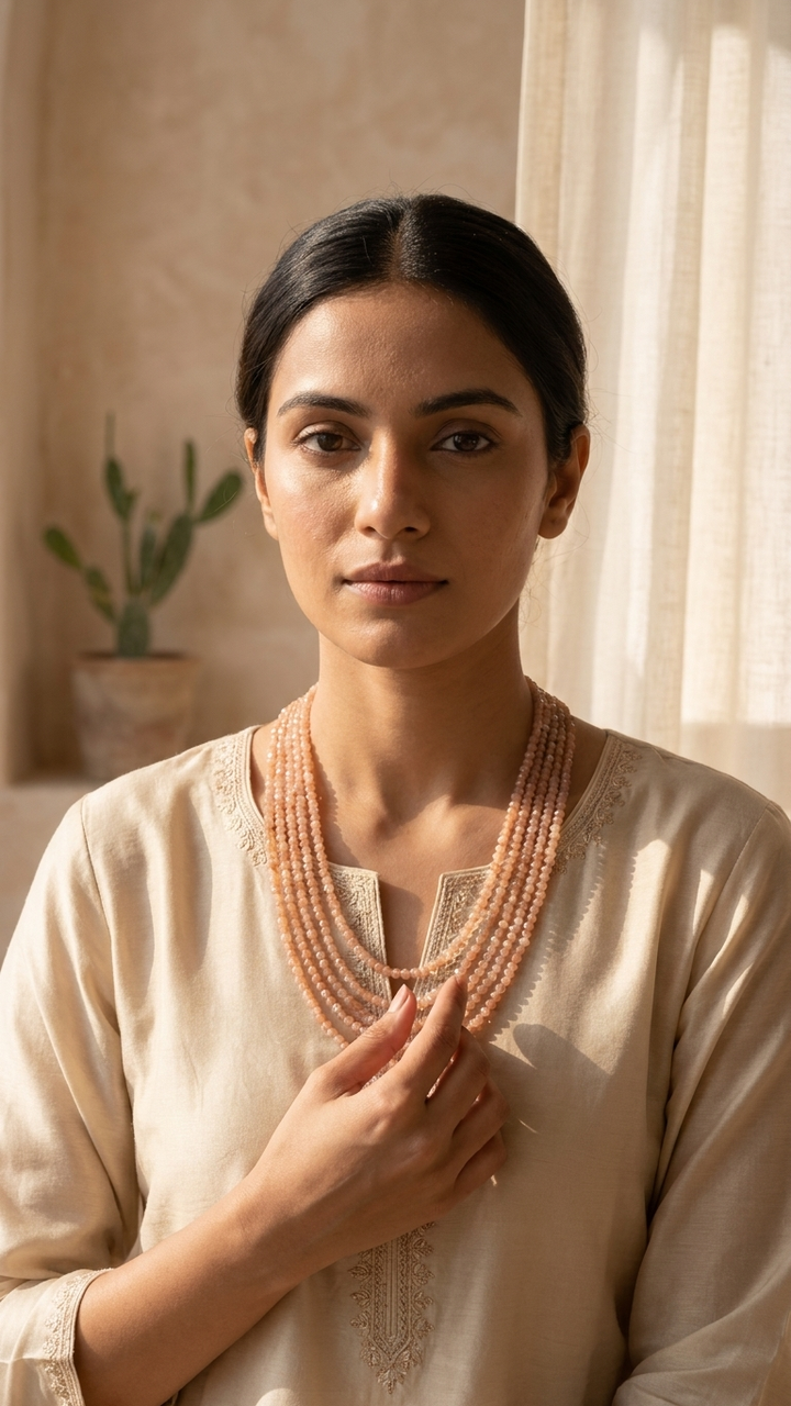 Natural Peach Moonstone Beaded Necklace (With Certificate)