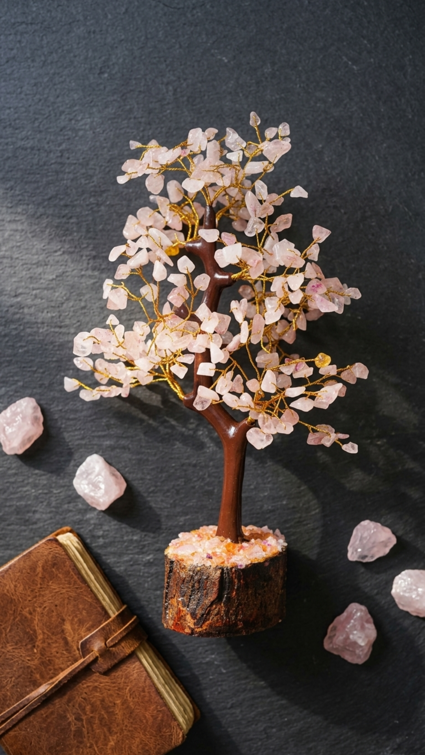 Rose Quartz Crystal Tree of Life - Wooden Base Feng Shui Decor