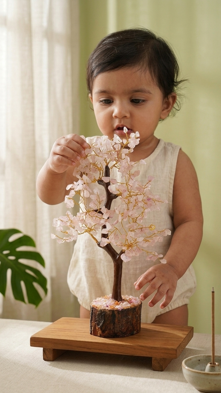 Rose Quartz Crystal Tree of Life - Wooden Base Feng Shui Decor