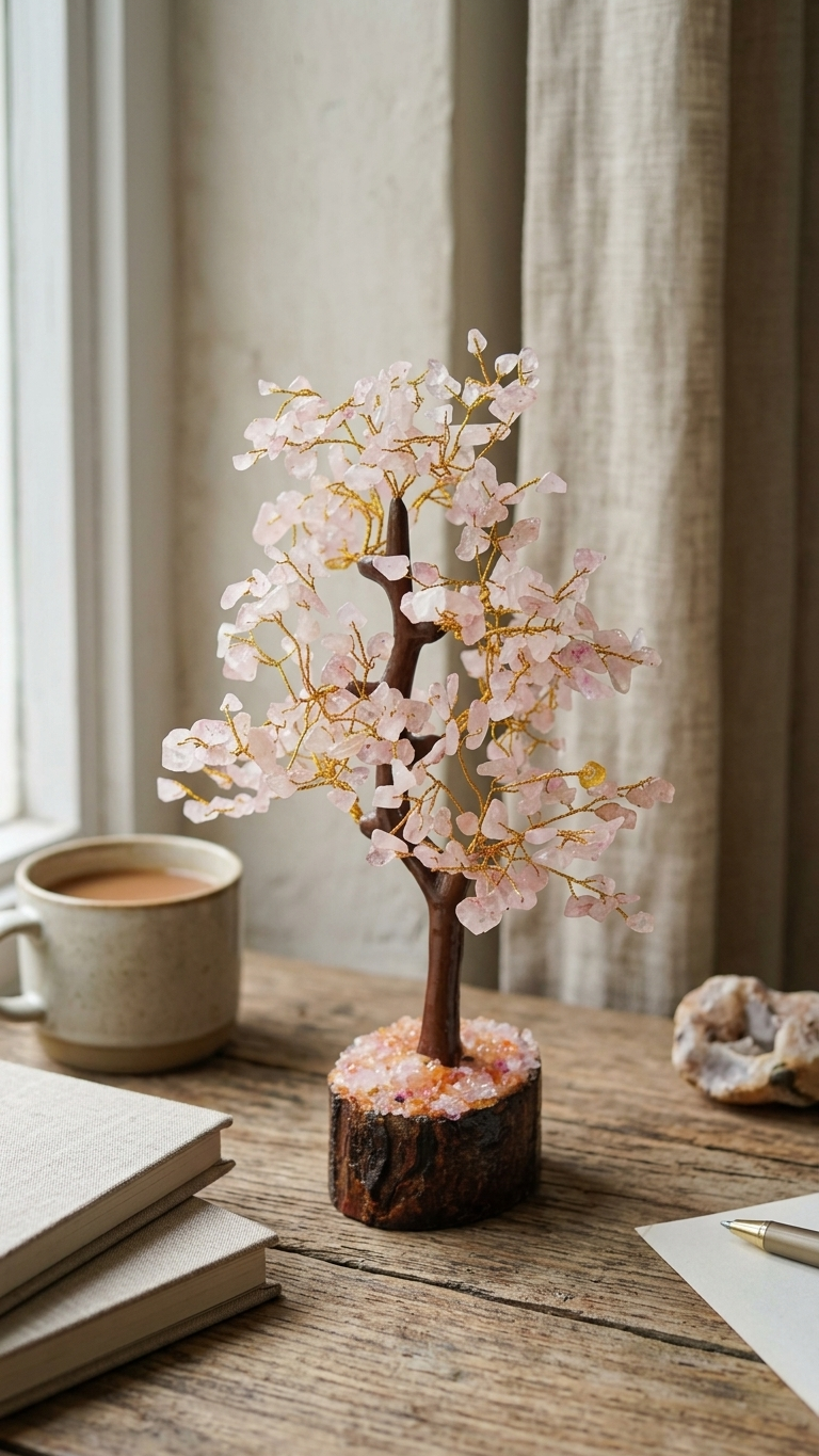 Rose Quartz Crystal Tree of Life - Wooden Base Feng Shui Decor